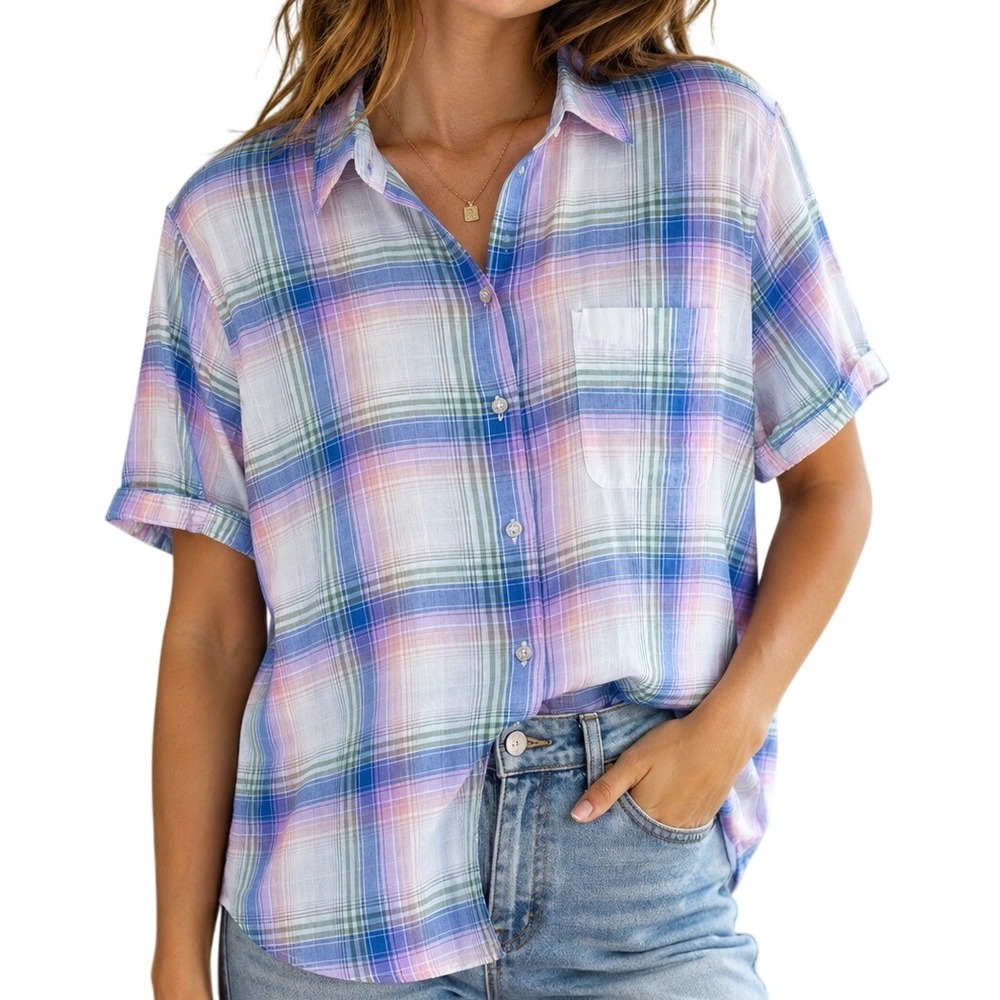 Eddie Bauer Women Purple Pastel Plaid Classic Medium Short Sleeve Button Down